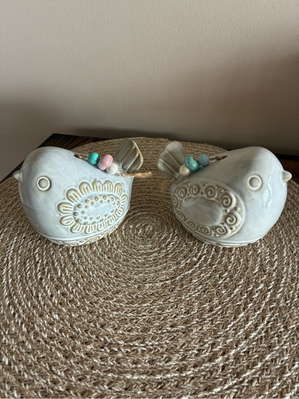 Ceramic Bird Accent - White with Pastel Bead Details Set of 2